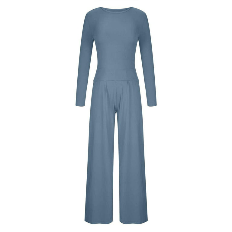 JSGEK Clearance Two Piece Outfits for Women Fashion Long Sleeve Crewneck  Shirt Solid Pants Casual Elegant Suit Sets Blue XL 