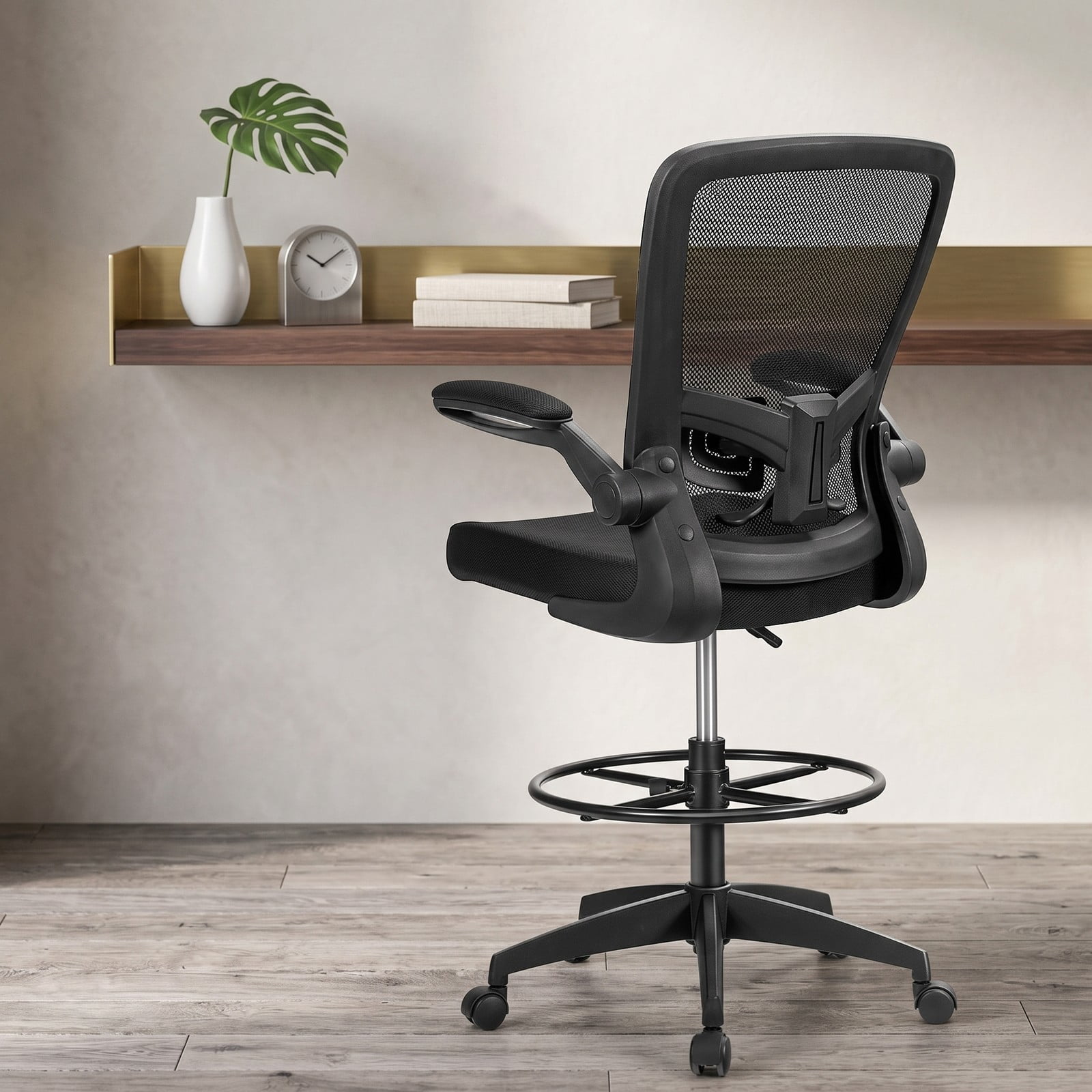 Furnibear Height Adjustable Drafting Chair with Flip-Up Arms, Ergonomic Mesh Back Rolling Task Office Chair with Foot Ring and Adjustable Lumbar Support for, Black