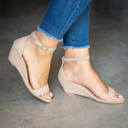 

FZM Women shoes Sandals For Women Ladies Fashion Solid Buckle Ankle Strap Wedges Sandals Casual Shoes