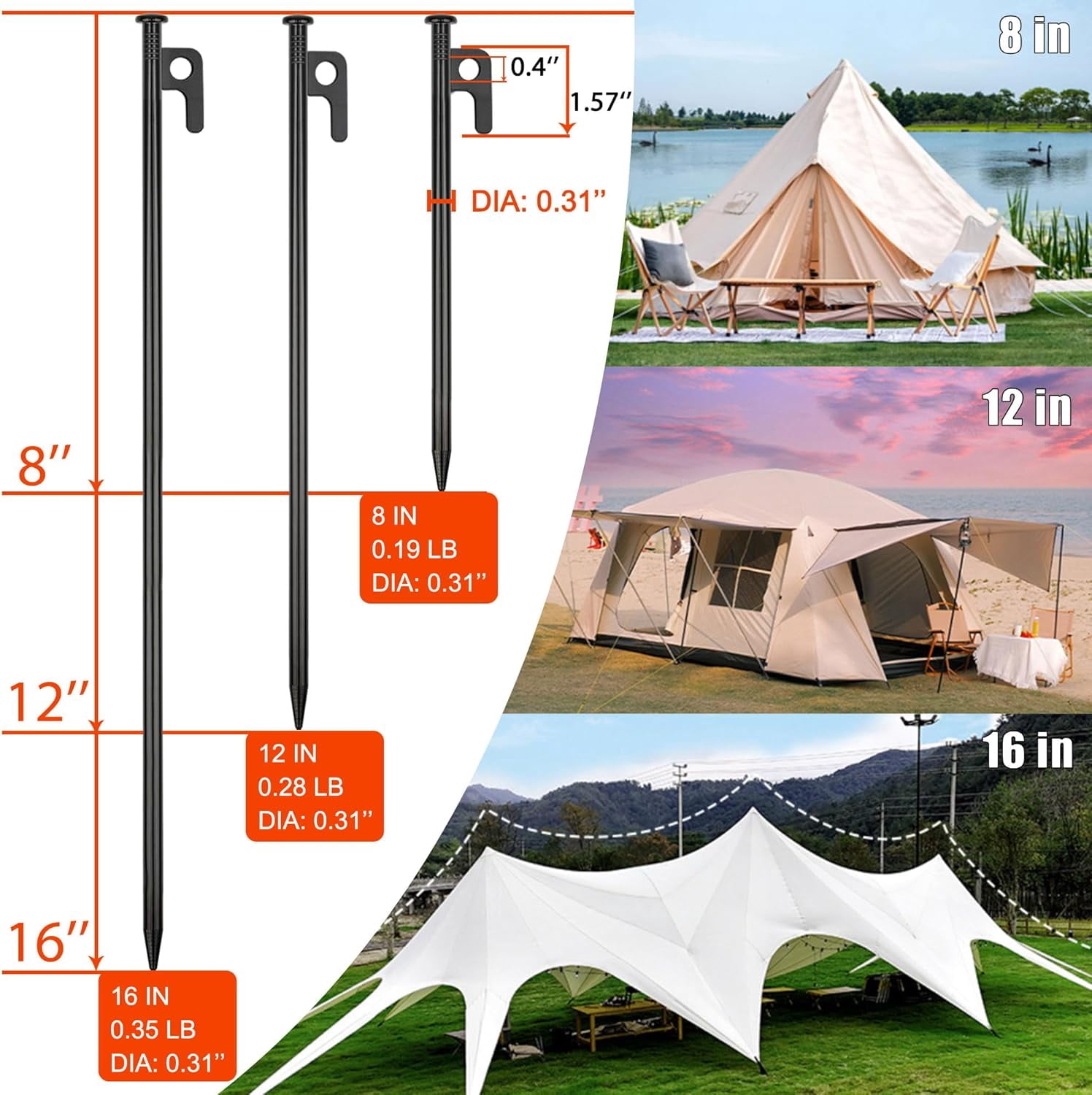 12 Pack Tent Stakes Heavy Duty Metal Tent Pegs for Camping Steel Tent Stakes 12 inch Unbreakable and Inflexible