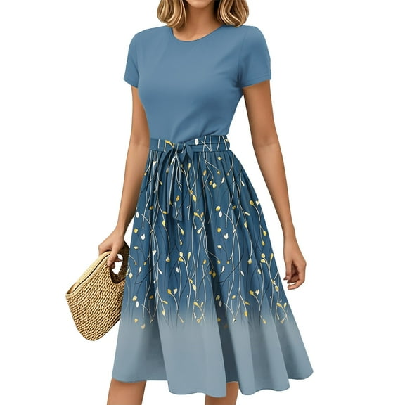 Womens Summer Dresses, 2025 Belted Short Sleeve Floral Sundress For Beach, Wedding Guest, Party-Lightweight Boho Elegant Fall Dress Women'S Holiday Suit Dress Costume Dress (S, Blue) ZMTing