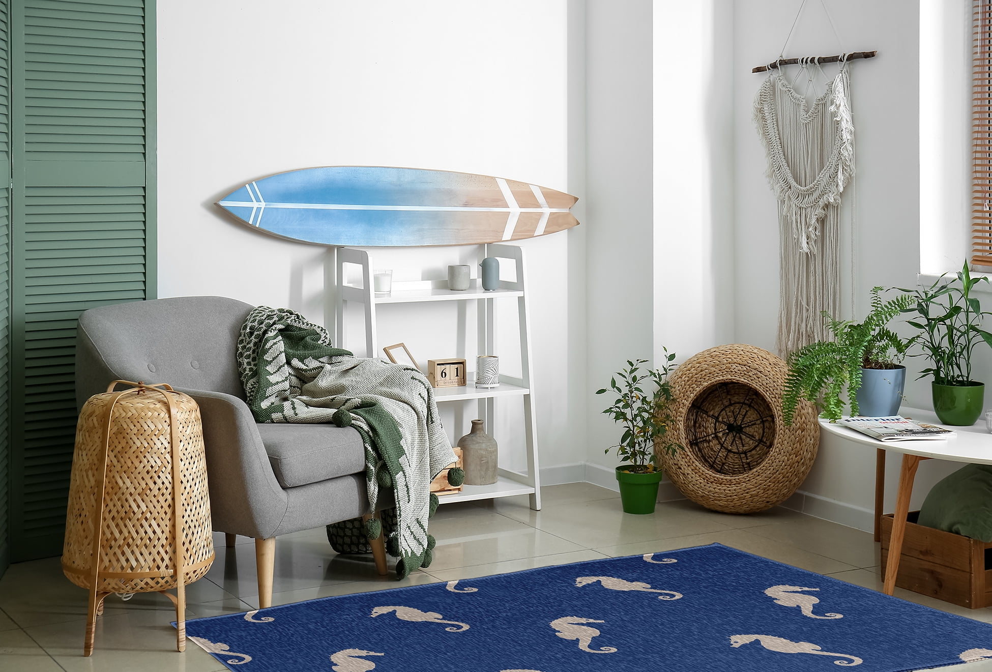 4' x 6' Simply Daisy Sea Horses Beach Style Chenille Area Rug, Nautical Navy