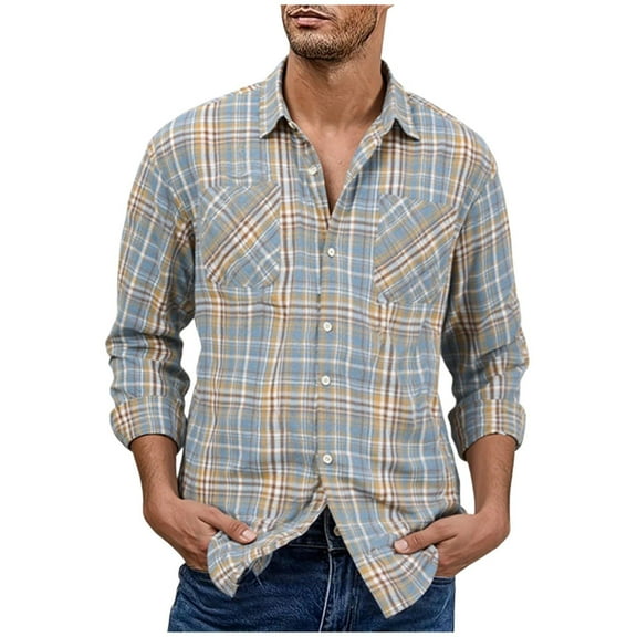 Men's Plaid Button Down Shirts 2025 Fall Slim Fit Two Pocket Long Sleeve Western Dress Shirt for Work