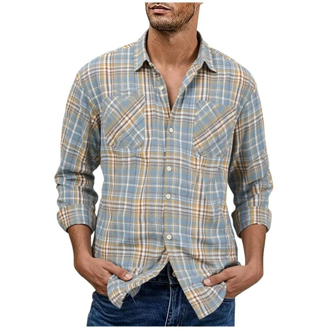 Checked Shirt for Mens Front Button Down Long Sleeve Lapel Blouses Open Front Ultra Soft Textured Sweatshirt Relaxed Fit Casual Warm Blouses Athletic Running Gym Workout Clothes
