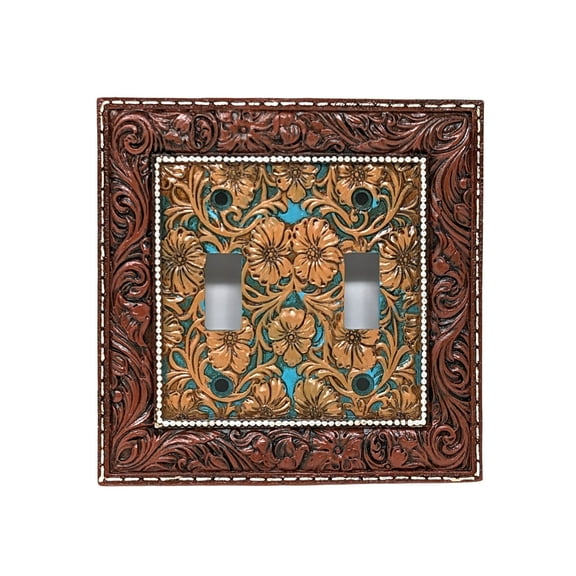 Western Cowboy Tooled Leather Design Resin Double Toggle Switch Plate - Faux Leather Look Decorative Light Switch Cover for Rustic Ranch Cowboy Home Décor Enthusiasts
