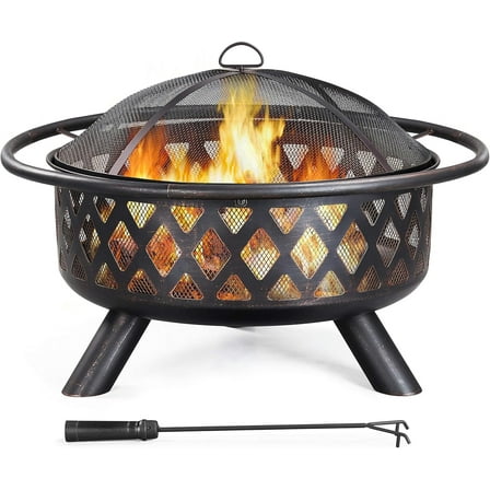 WSRFSD Fire Pit 36in Outdoor Wood Burning Fire Pits Wood Large Fire Bowl for Outside BBQ Bonfire Patio with Mesh Spark Screen, Poker and Rain Cover