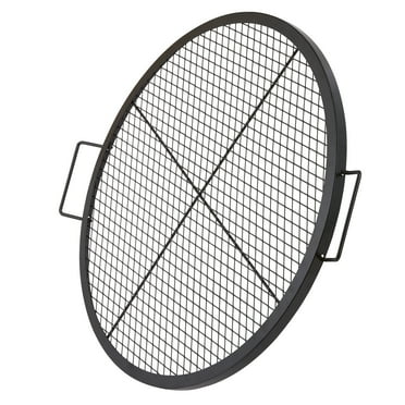 KFFKFF Cross-Marks Grill Grate for Fire Pit, Circular Cookware, Robust Steel BBQ Grill Grid with Handle and Support Cross Wire, Mobile Outdoor Cooking Equipment for Social Events, 30 Inch, Black