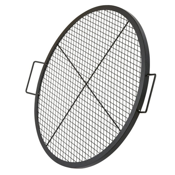 KFFKFF Cross-Marks Grill Grate for Fire Pit, Circular Cookware, Robust Steel BBQ Grill Grid with Handle and Support Cross Wire, Mobile Outdoor Cooking Equipment for Social Events, 30 Inch, Black