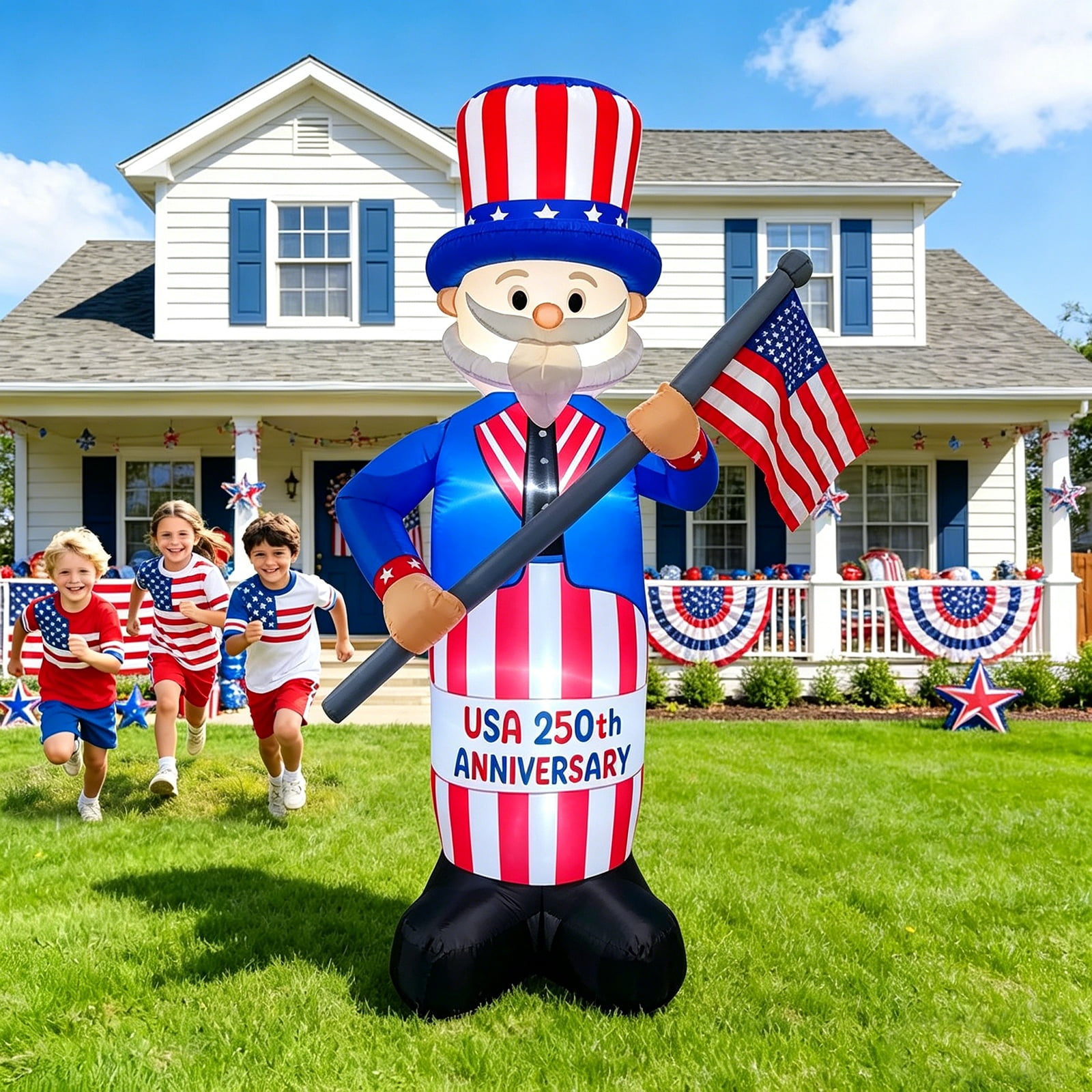 8FT 250th Anniversary 4th of July Inflatables Outdoor Decorations Patriotic Blow up Yard Decorations with LED Lights Fourth of July Memorial Independence Day Party Garden Holiday Outside Decor