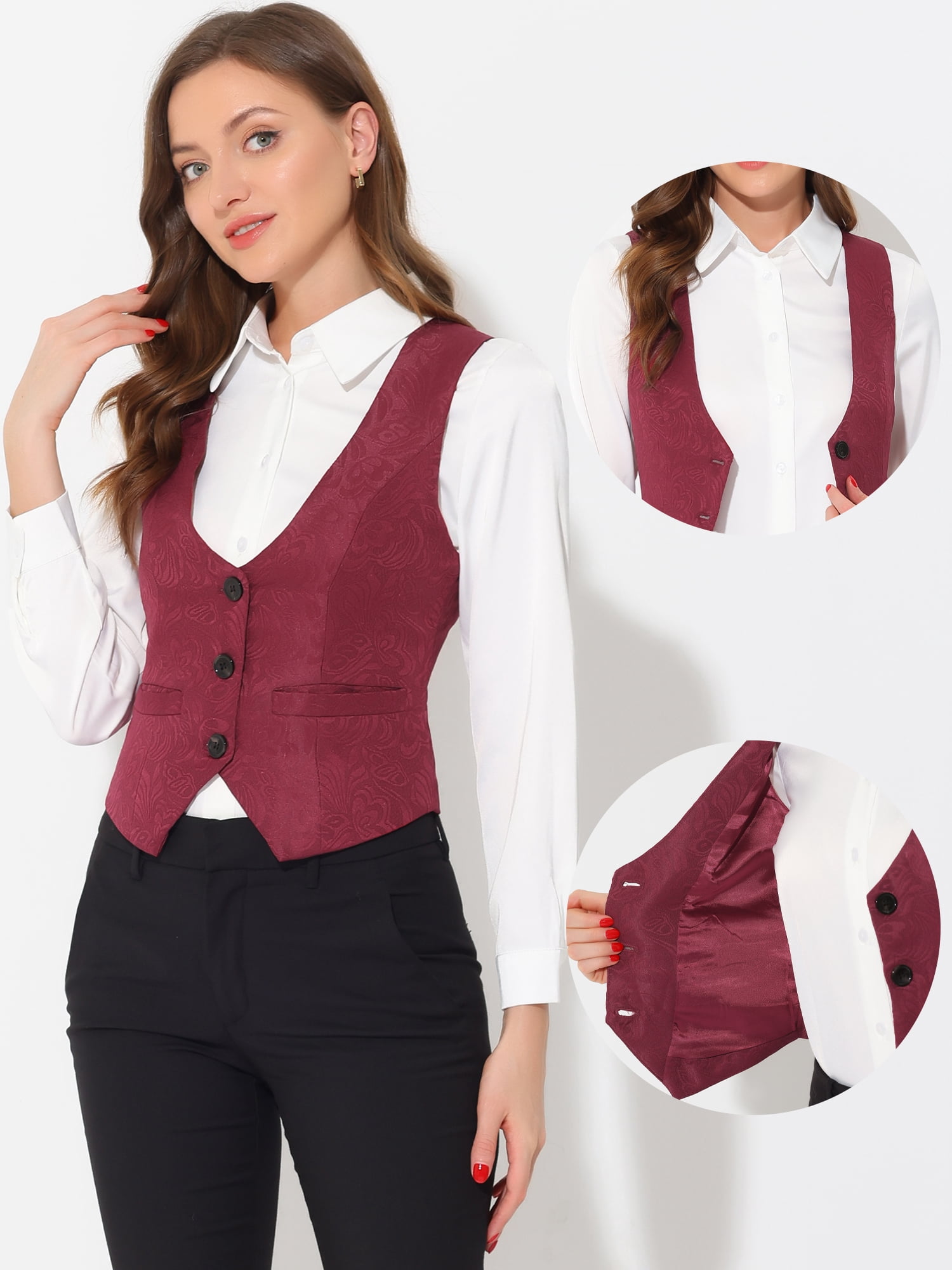 DARING DIVA Women's Button Up Steampunk Jacquard Sleeveless Suit Vest 3XL Burgundy
