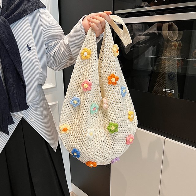 Bolso de hombro de punto con flores para mujer, bolso tote de moda, bolso hobo ligero y elegante