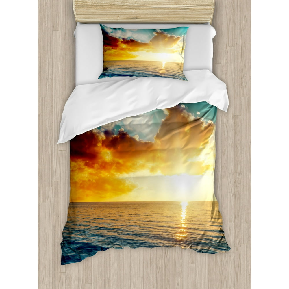 Sunset Duvet Cover Set, Long Exposure Magical Horizon Panorama Over 