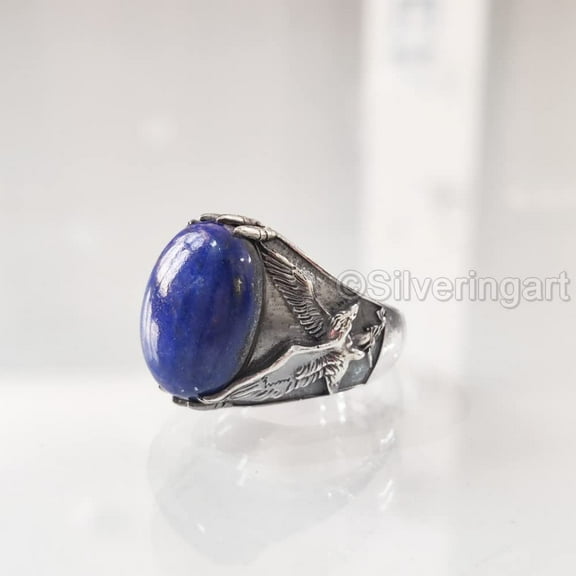 Lapis Lazuli Mans Ring, Natural Afghani Lapis Lazuli, Eagle, Silver Jewelry, 925 Silver Ring, Birthday Gift, Heavy Mens Ring, Arabic Design, Ottoman Style Ring, Christmas, Turkey Mens Signet Ring