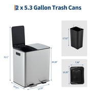 2 x 5.3 Gallon Dual Compartment Stainless Steel Trash Can, Hands-Free Recycling Bin with Soft Close Lid, Foldable Step Pedal and Removable Inner Buckets for Kitchen Office - Silver