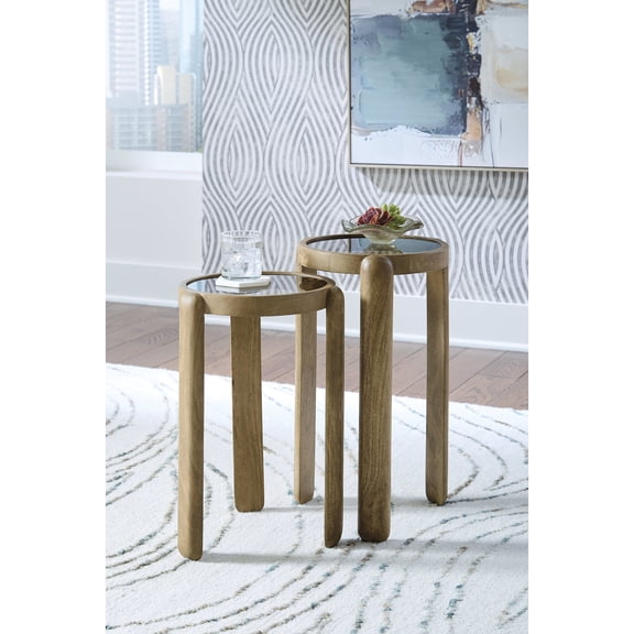 Signature Design by Ashley Jossor Accent Table Set, Mango Wood with Glass Tops, Light Brown