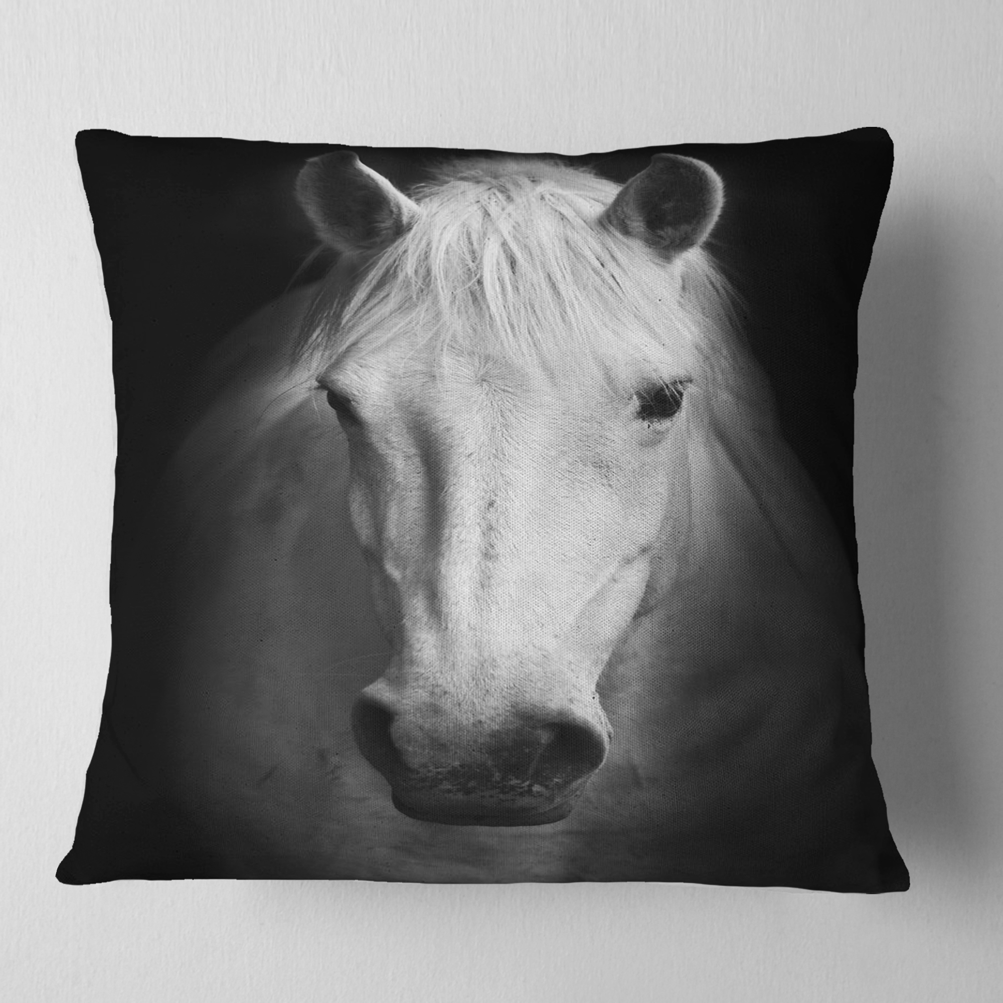 Designart White Horse Black and White - Animal Throw Pillow - 18x18