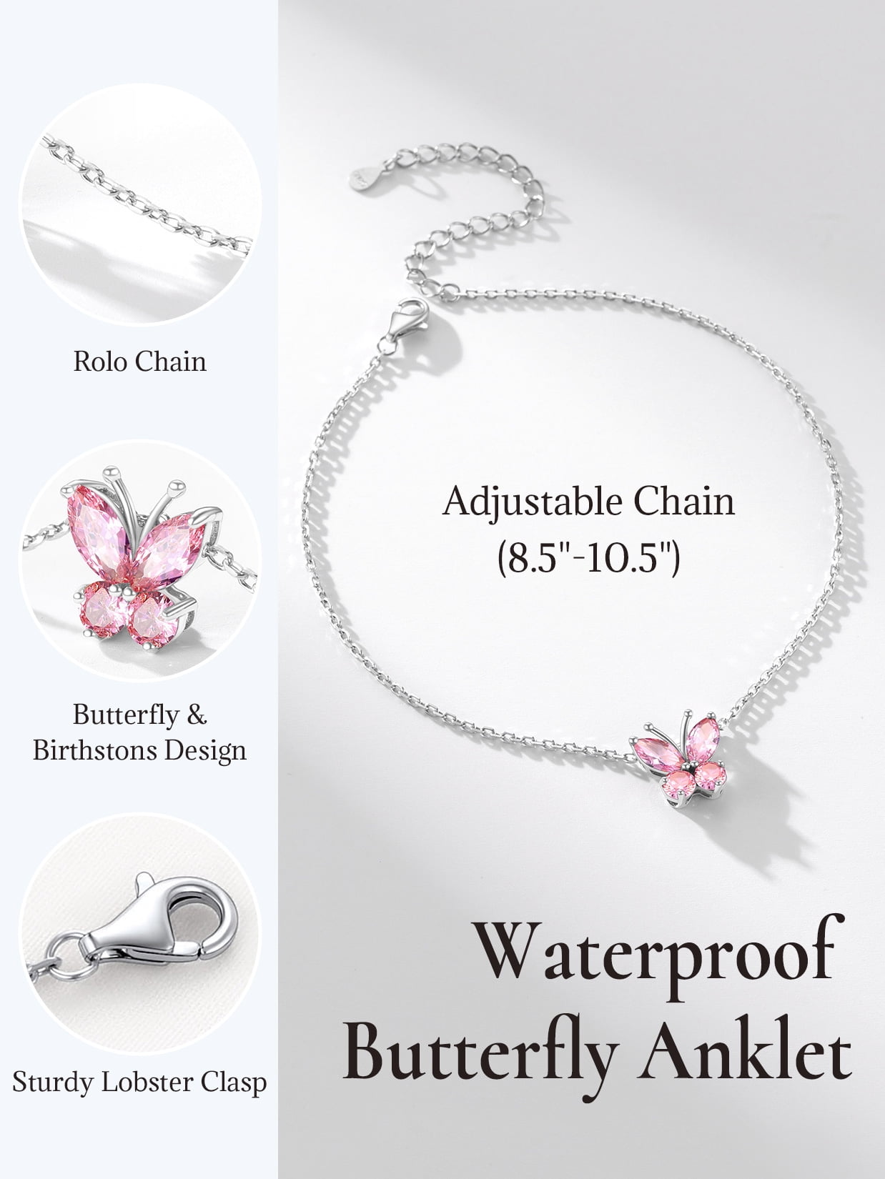 U7 Sterling Silver Anklet for Women Butterfly October Birthstone Foot Bracelet Summer Beach Holiday Jewelry Gift for Her Daughter Birthday