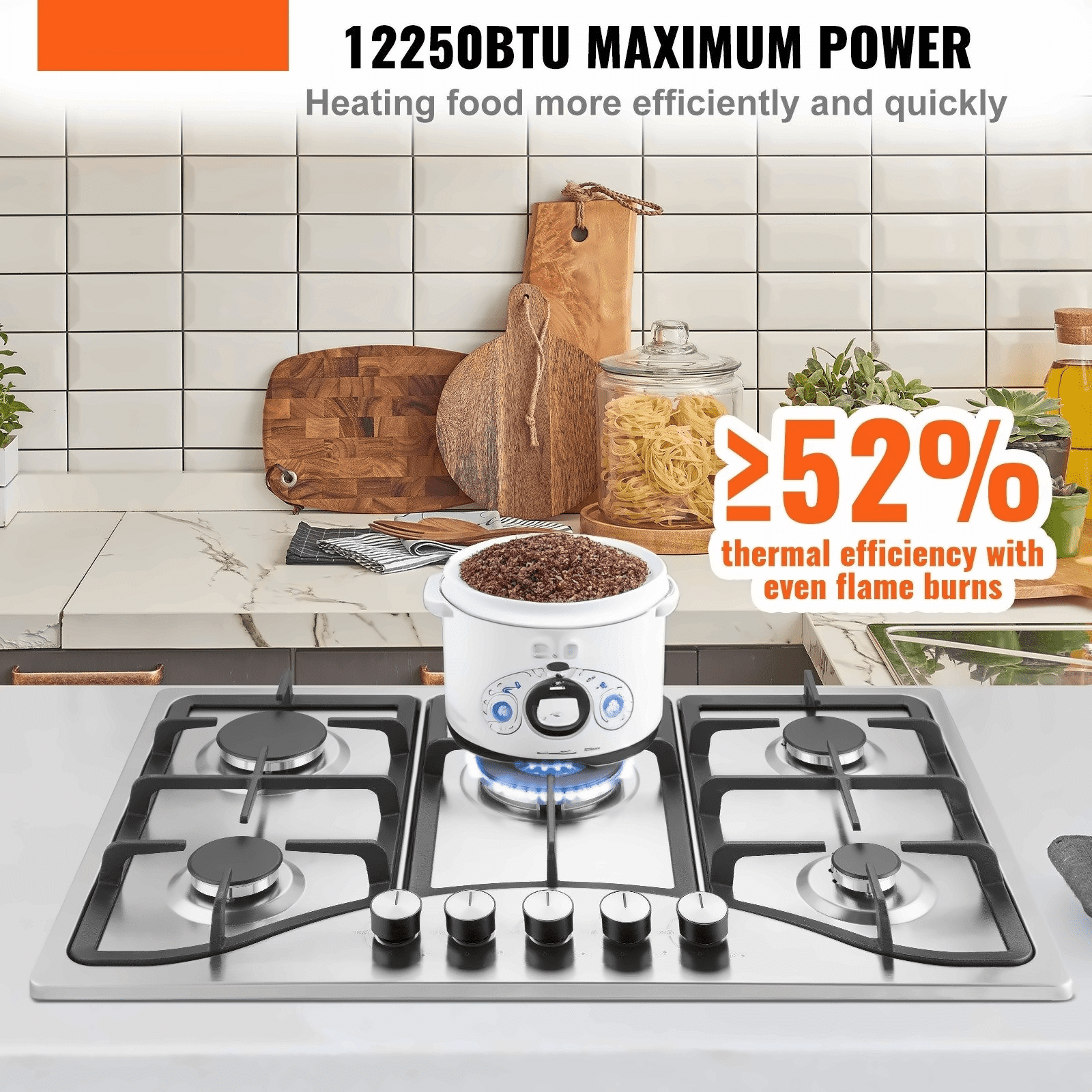 30 inch Gas Cooktop 5 Burners, 12250 BTU Built-in Stainless Steel Stove Top, LPG/NG Convertible, Thermocouple Protection, Natural Gas Hob