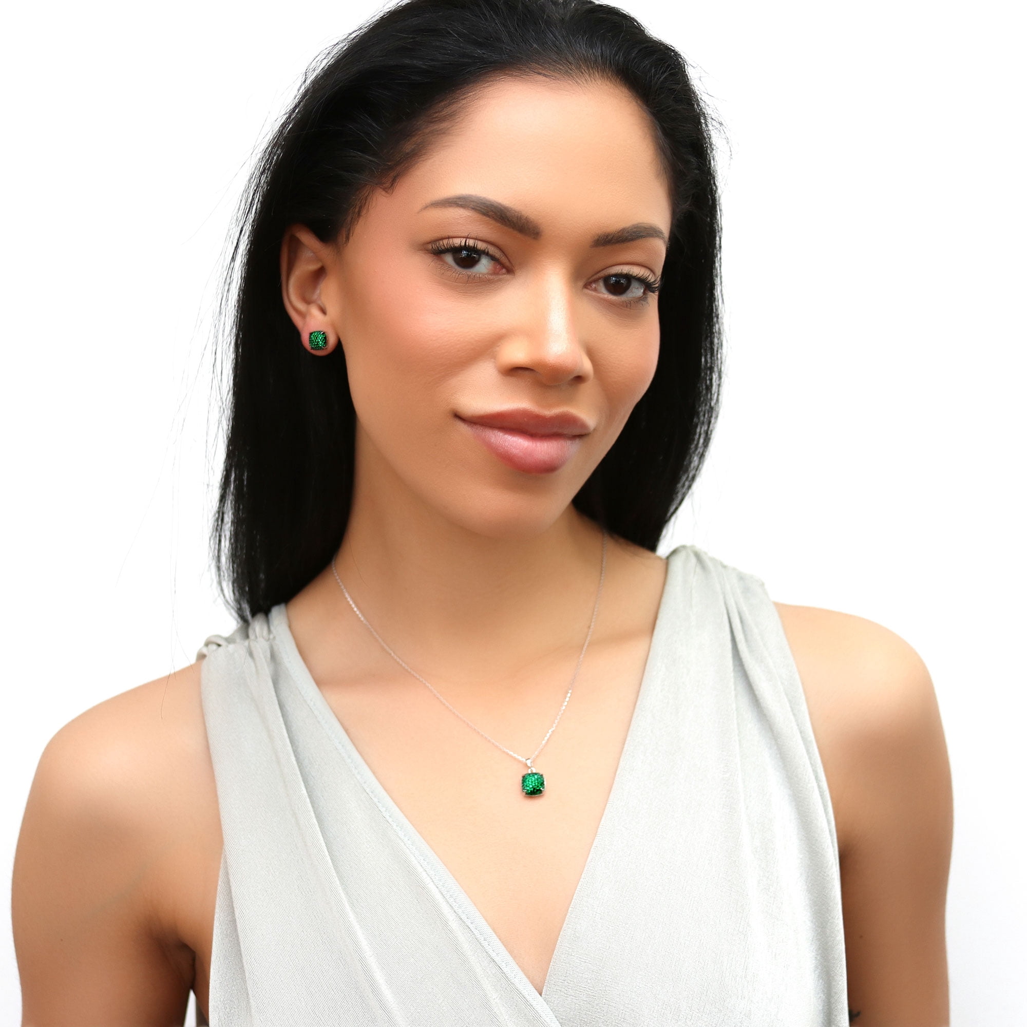 BERRICLE Sterling Silver Square Cubic Zirconia CZ Fashion Necklace and Earrings Set for Women, Rhodium Plated, Green