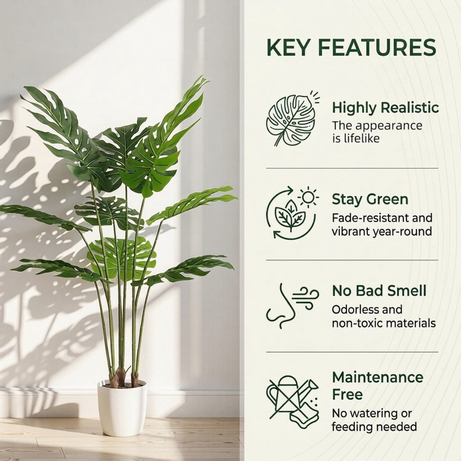 BEAUTYPEAK 4.1FT Artificial Plant Fake Indoor Monstera Plant Decorative Outdoor Greenery in White Pot