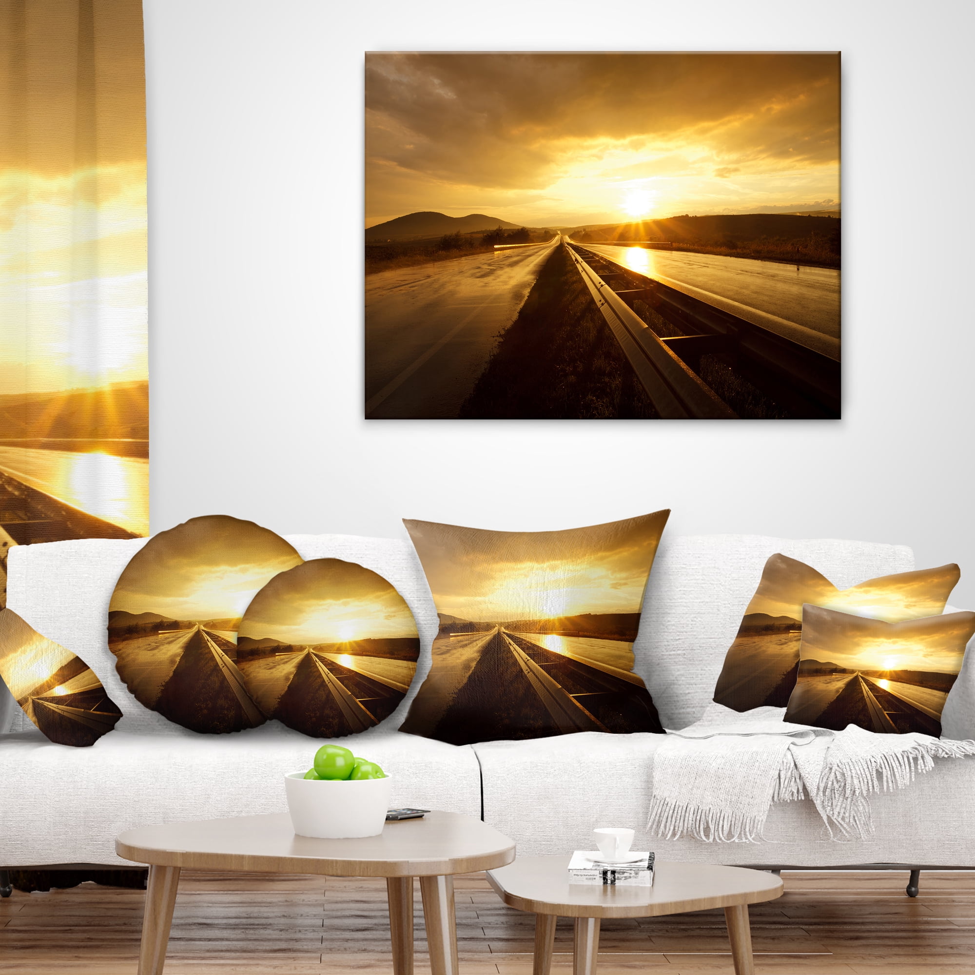 Designart Wet After Rain Road at Sunset - Landscape Printed Throw Pillow - 16x16