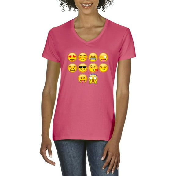 MmF - Women's T-Shirt V-Neck Short Sleeve, up to Women Size 3XL - Emoji Entourage