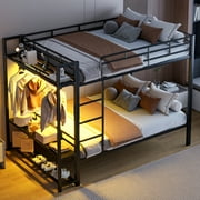 Euroco Metal Full over Full Bunk Bed wih Storage Shelves, Clothes Habnger and LED Light for Kids Teens Room, Black