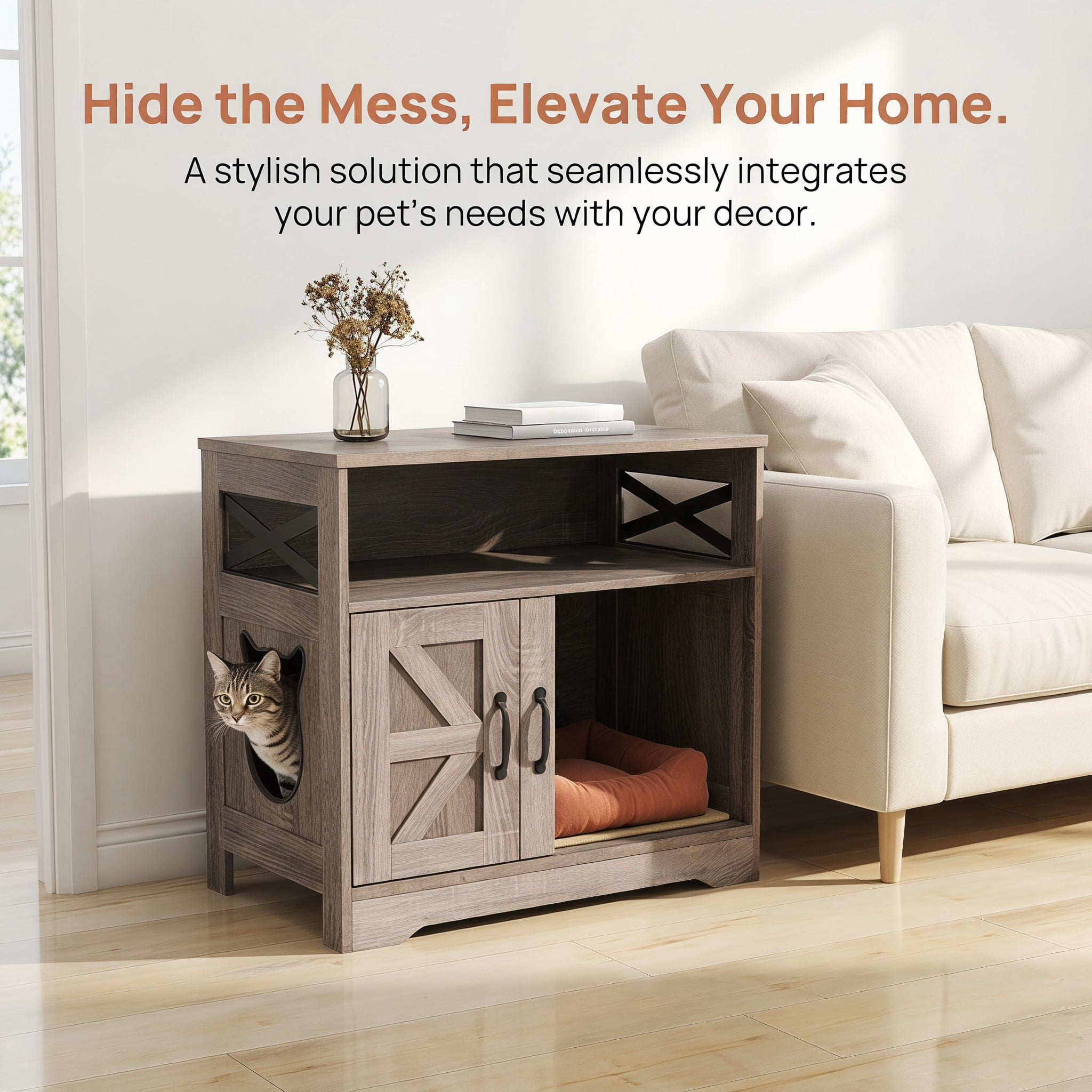Resenkos Hidden Cat Litter Box Enclosure Furniture with Storage Cabinet, Gray