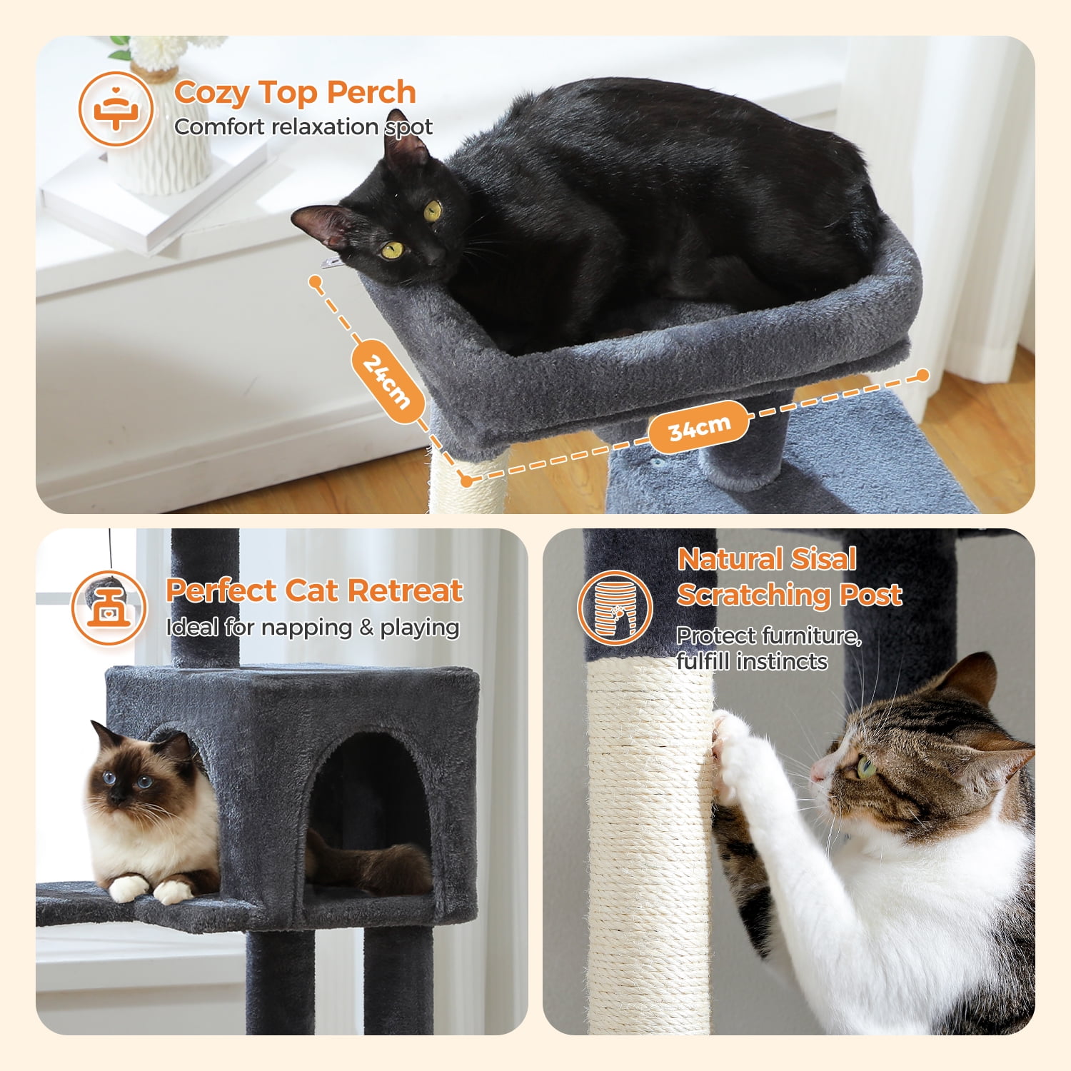 Pefilos 44" Cat Tree Tower for Indoor Cats, 5-Level Cat Condo with Large Hammock, Big Top Perch and 4 Sisal Covered Scratching Pos, Dark Gray