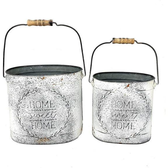 S/2 Metal Rustic White / Home Sweet Home / Buckets Decorative Containers Distressed Indoor Outdoor 8" & 7" H