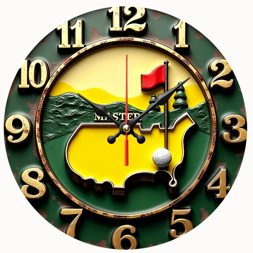 2D Flat Wooden Wall Clock,Golf Master Course Wall Clock,Golf Flag & Ball Sport Themed Art Decor Clock for Golf Club, Man Cave, Game Room Decoration,AA Battery Not Included