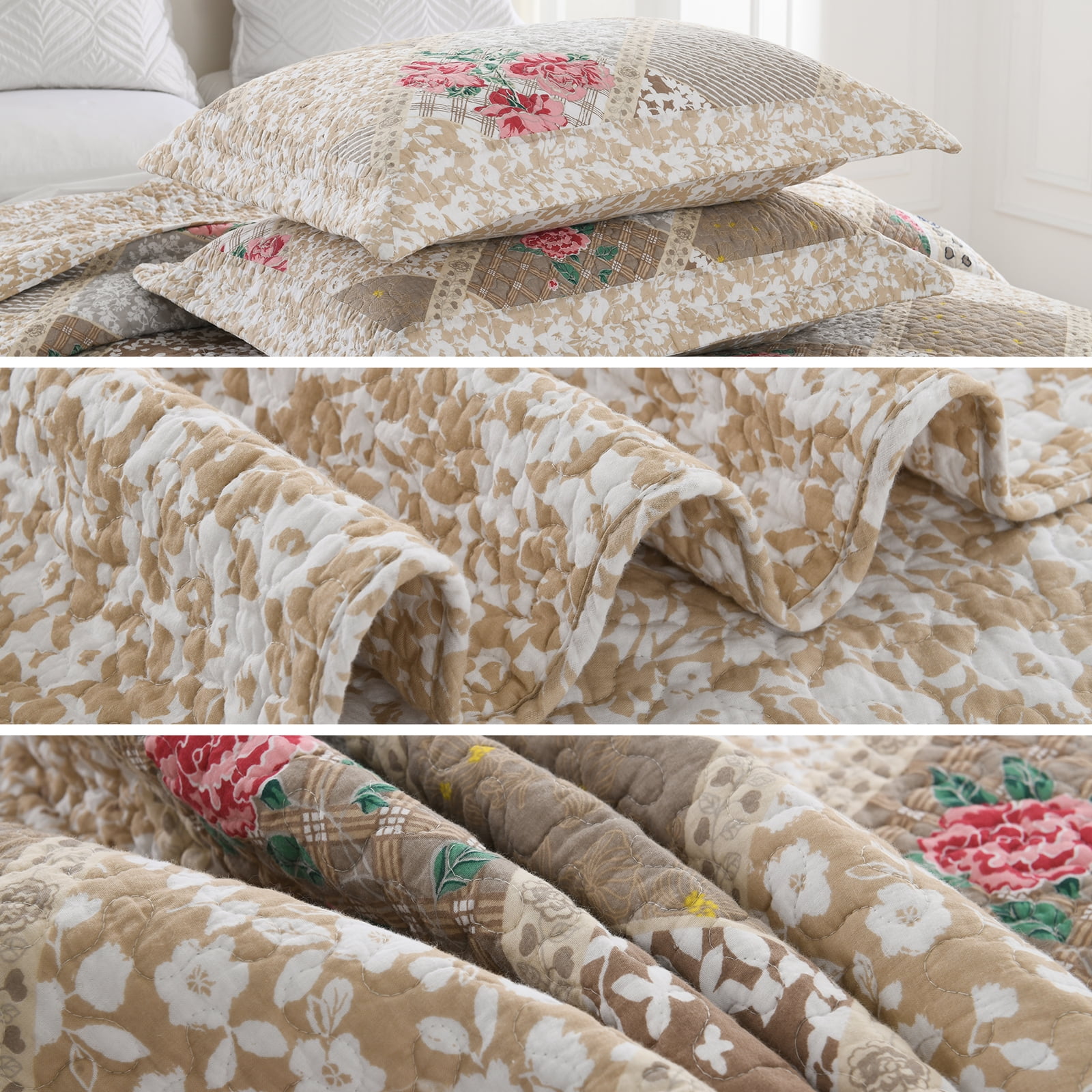 DDUOXIN 128x120 Bedspreads for King Size Bed - 100% Cotton Brown Beige Red Floral Patchwork Plaid Reversible California King Size Bedspread, Lightweight Cal Oversized King Quilts Bedding Set, 3 Piece