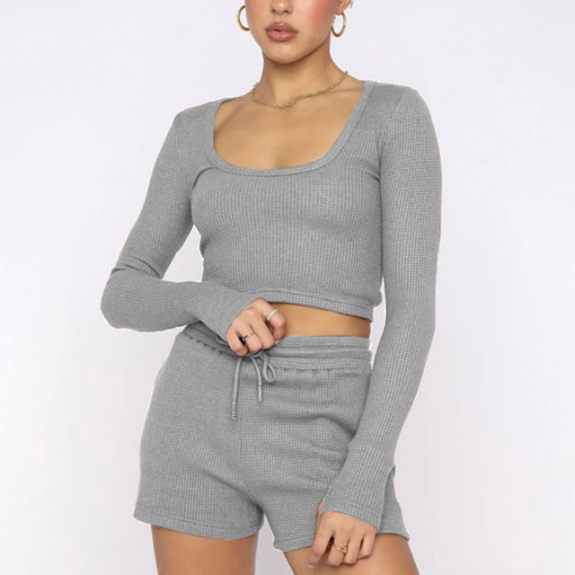 Wolfast Hauts d'Été à Manches Longues pour Femmes Mode Femmes Décontracté Hauts à Manches Longues Col Rond Ensembles de Shorts Décontractés
