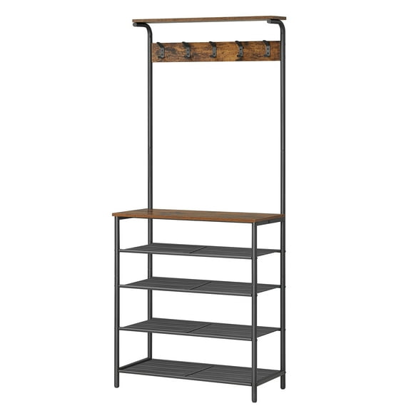 VASAGLE Industrial Hall Tree with Shoe Bench and Coat Rack - 5-Tier Shoe Rack, 5 Dual Hooks, Top Shelf - Entryway Organizer, Rustic Brown and Black