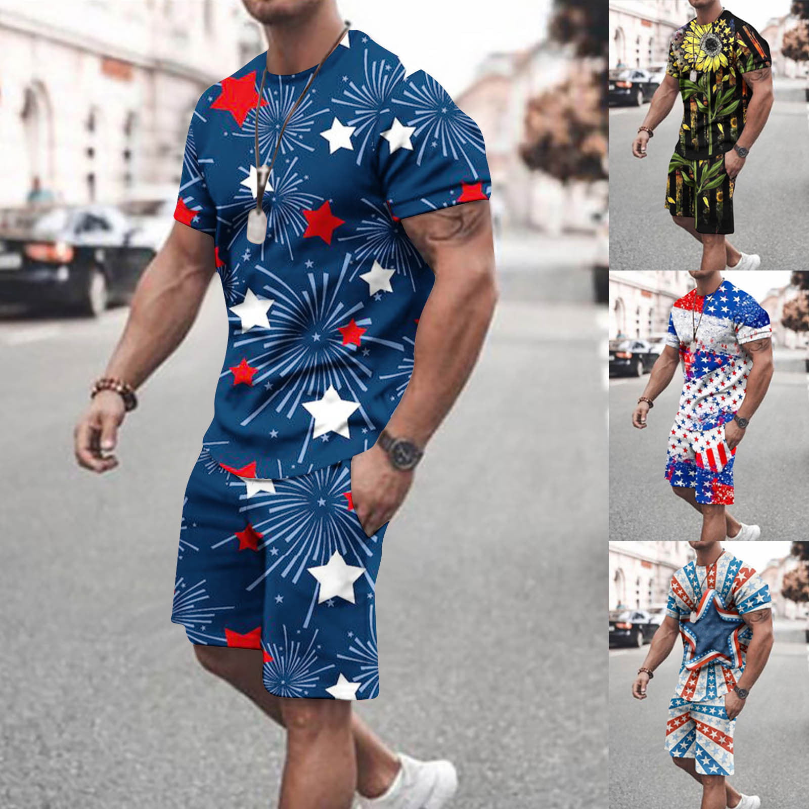 Cethrio Mens Short Sets 2 Piece American Flag Outfits USA Flag Printed ...
