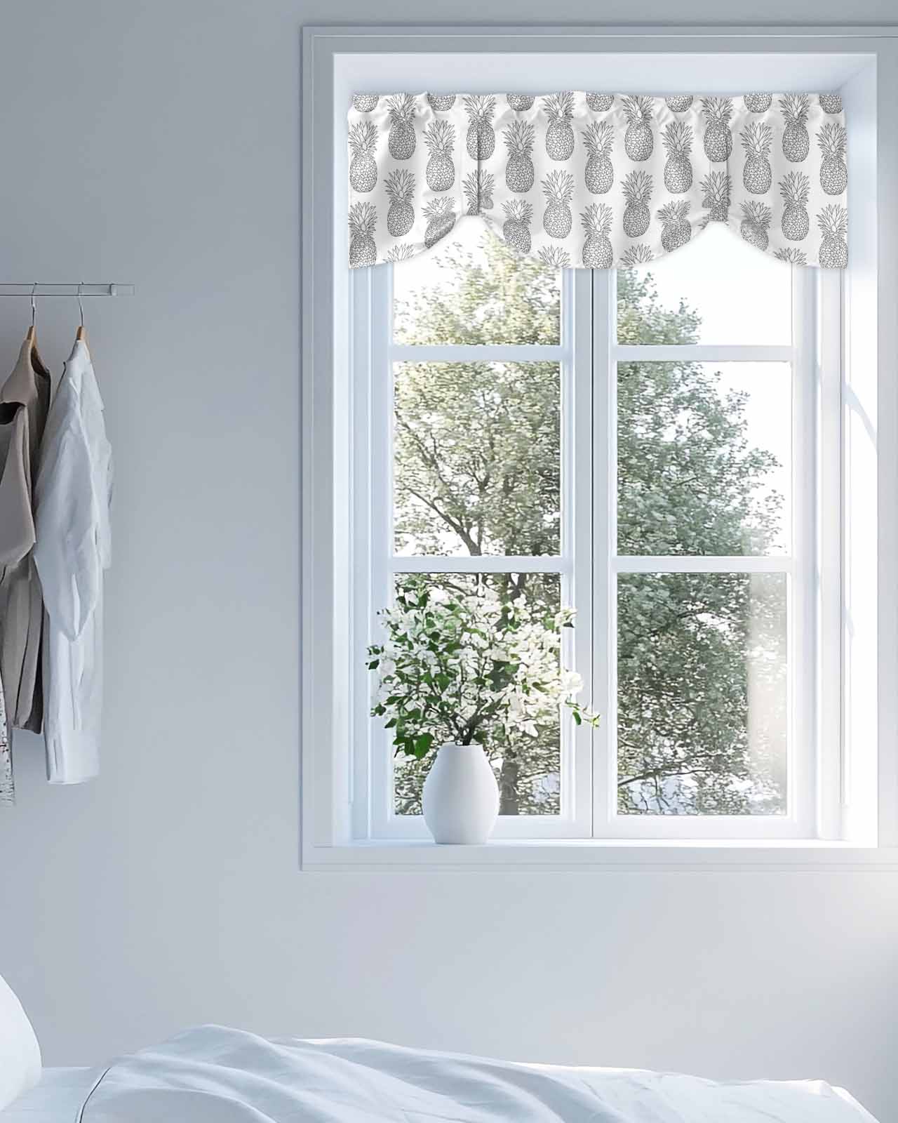Gray Pineapple Tie Up Valances Curtain, Adjustable Kitchen Simple Cartoon Fruit Valances for Windows Decor, Rod Pocket Short Curtains Set for Bedroom/Bathroom, 60"x18"