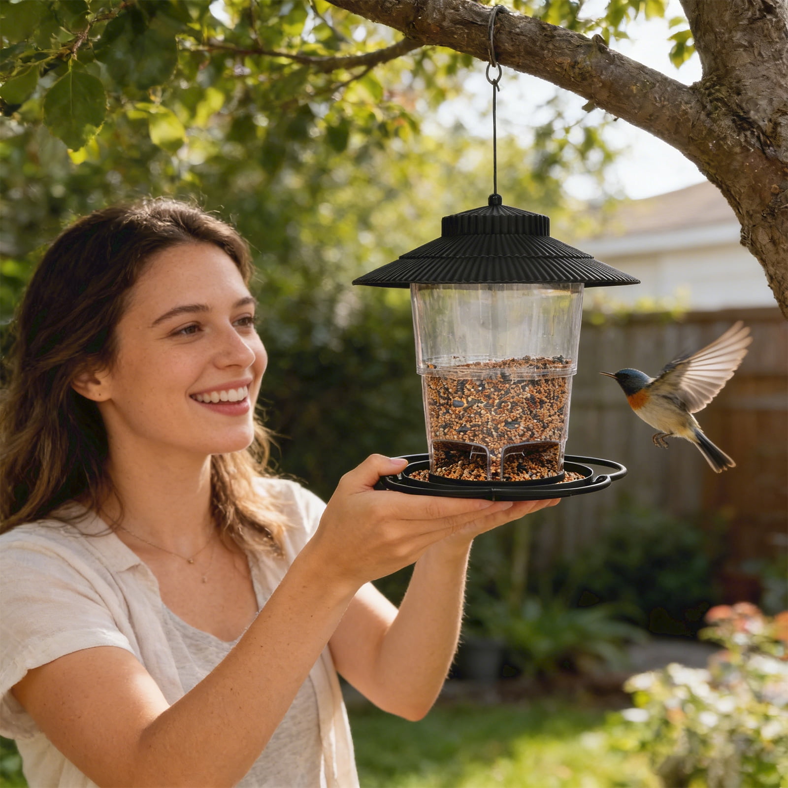 JIhuahe Bird Feeder - Outdoor Hanging Flip-Top Automatic Cover Type, Easy Refill Weatherproof Feeder for Year-Round Bird Feeding,Black