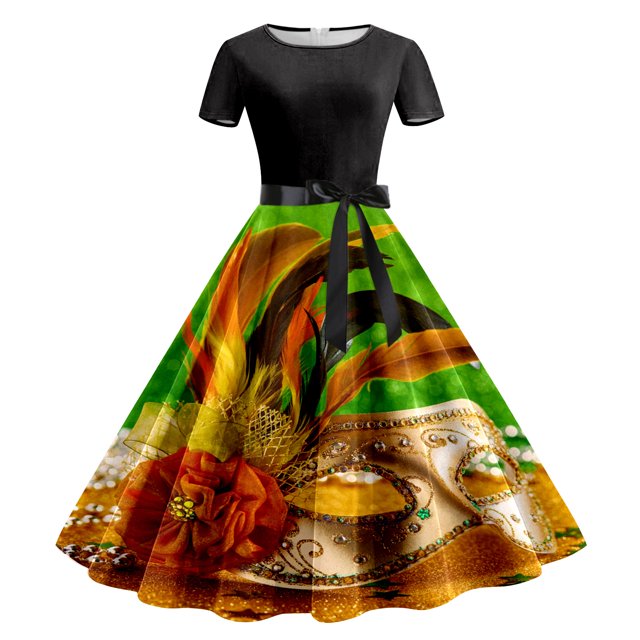 SZXZYGS Robes Soleil Femmes Aguichant Femmes Imprimé Manches Courtes Robe de Soirée Bal des Années 1950 2024