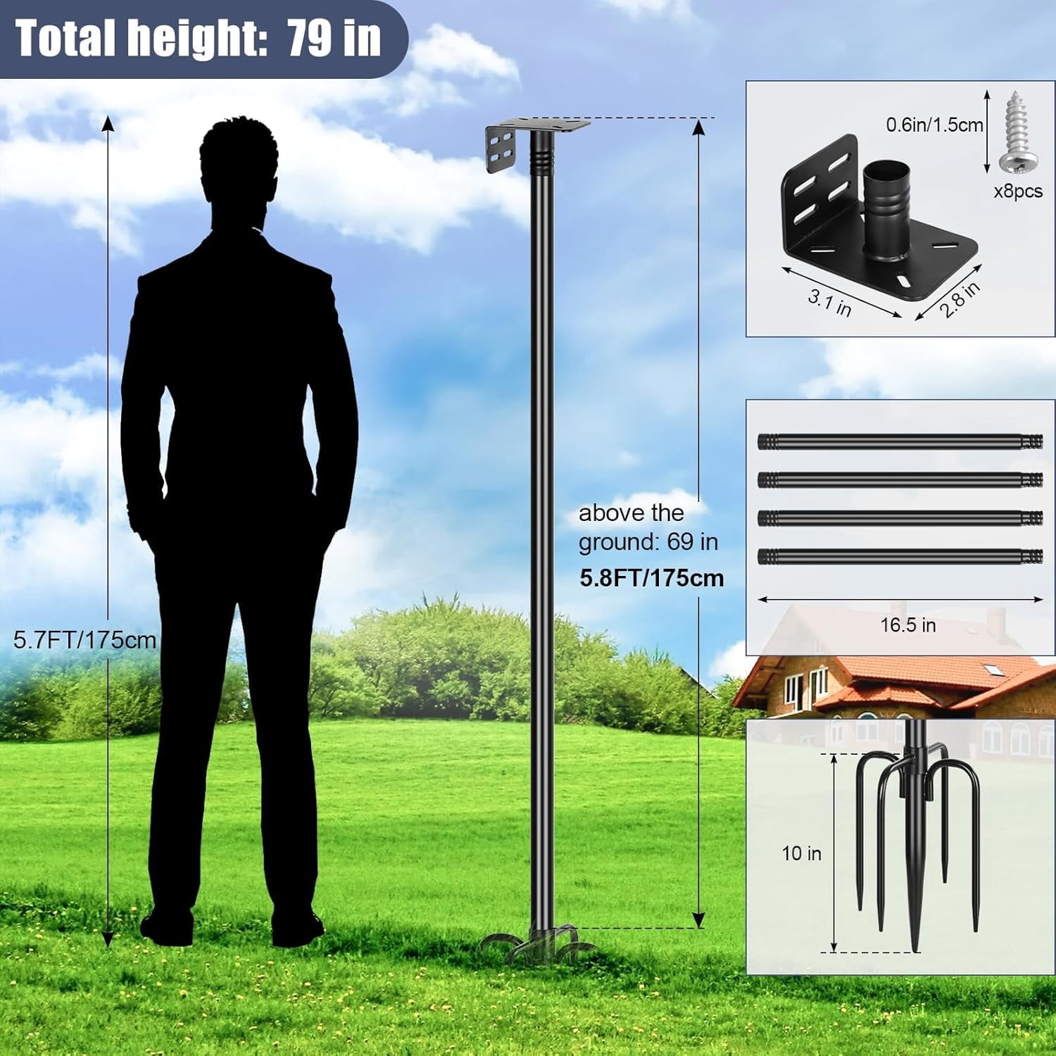 Smart Bird Feeder Pole 1-Inch Dia 2 Pack 79 Inch Bluebird House Pole for Outdoors Weather Station Heavy Duty Metal Mounting Kit Adjustable Bird Feeder Stand Black