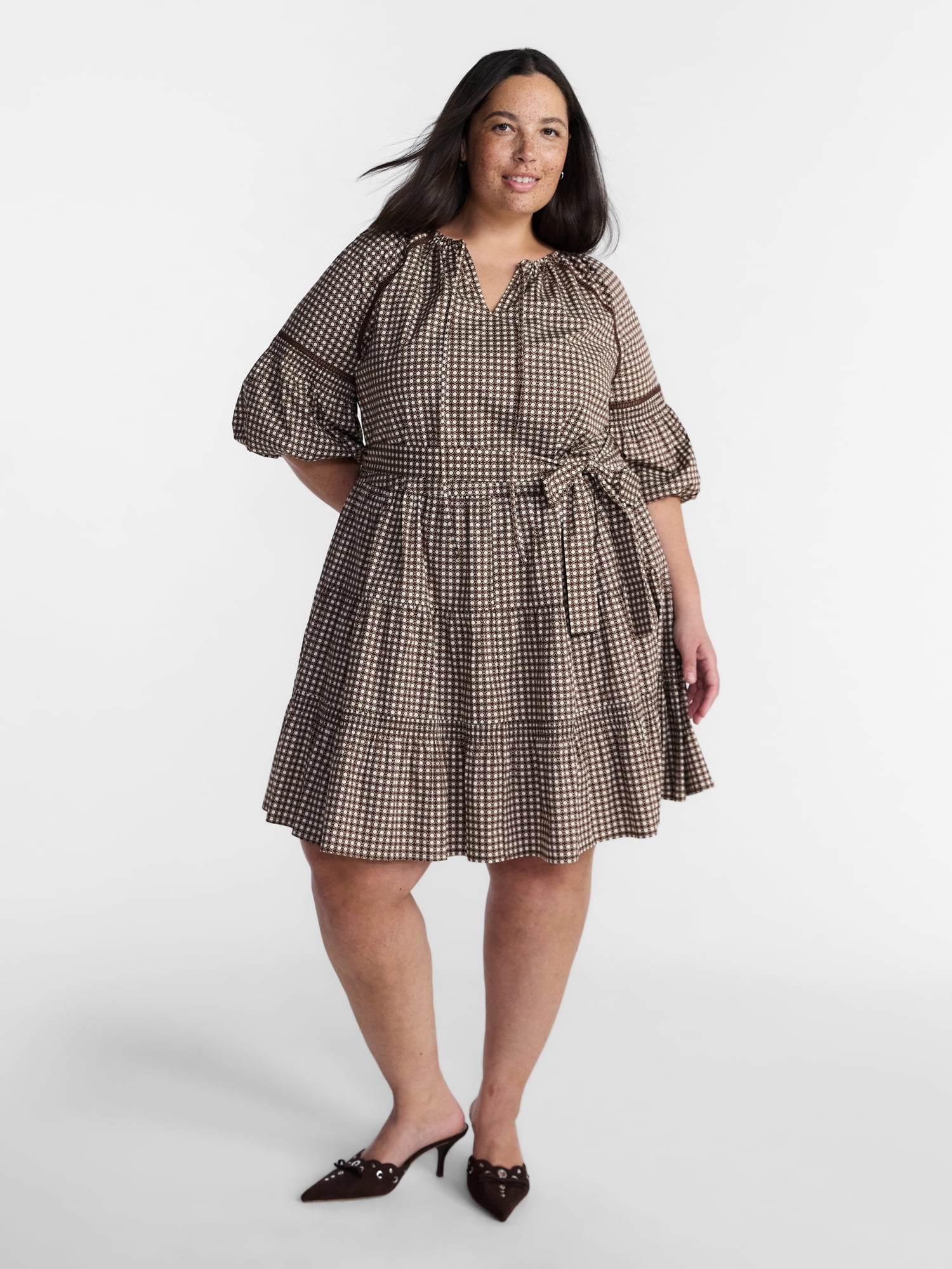 Terra & Sky Women’s Plus Mini Dress with Elbow Length Puff Sleeves, Sizes 0X-5X