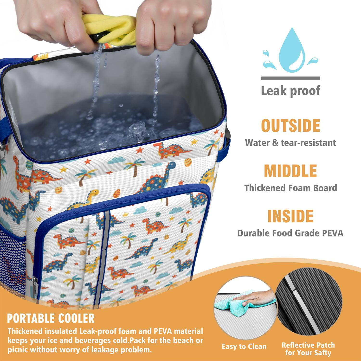 Travel Cooler Bag - White Dinosaurs Palms Stars Pattern Camping Beer Cooler Backpack with Bottle Opener- Waterproof Insulated Picnic Backpacks - Cooler Bag for Beach