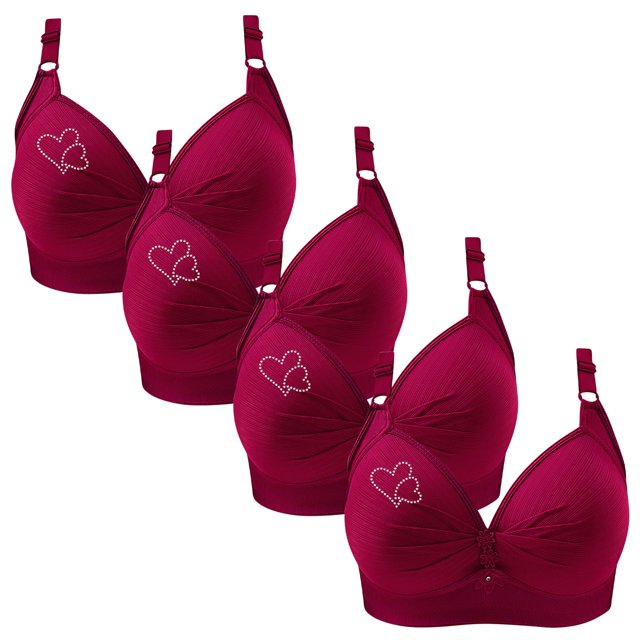LOVZFMLL Bras for Women 4PC Woman's Printing Gathered Together Large Size Daily Bra Underwear No Rims Wine M