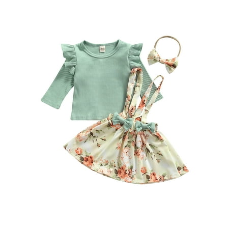 

ZIYIXIN 3pcs Lovely Kids Baby Girls Clothes Long Sleeve Pullover Tops Flowers Suspender Dress + Bow Headband Sets Green 6-12 Months