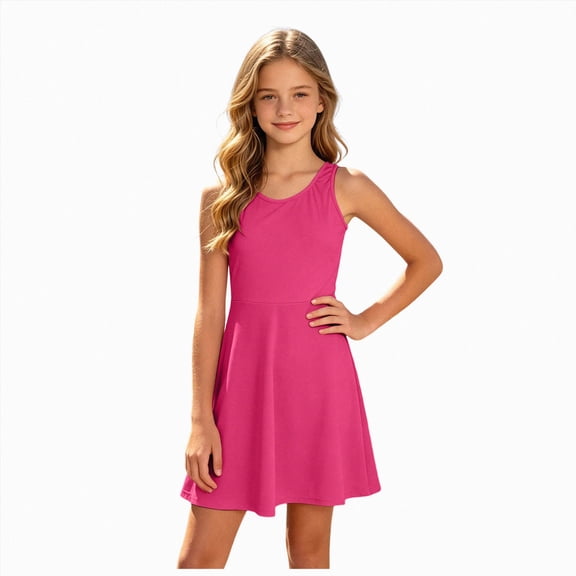 BOBOGOJP Girls Sleeveless Tennis Dress Kids Racerback Golf Dress School Sports Dresses Outfit with Shorts Pockets 5-14Y Hot Pink,Size 8-9 Years