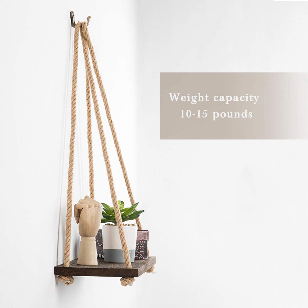 Oumilen Set of 4 Vintage Hanging Shelves Wood Rope Floating Shelves, Brown