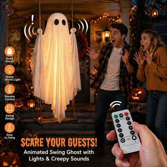 78.8'' Glowing Halloween Swinging Ghost, Lighted Swing Ghost with 8 Spooky Sounds, Ghost on Swinging Outdoor Decor For Remote Waterproof Lights, Sturdy–Ideal for Porches, Trees, Yards & Entryways