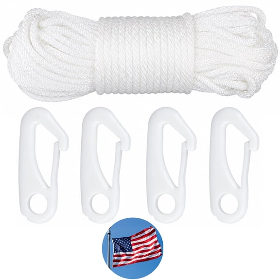 100 Feet Flagpole Rope, 1/4" Thick Braided Nylon Cord, Outdoor Flagpole Supplies, Includes 4 Hooks, Multipurpose Utility Cord for Dog Leashes, Tent Securing, Bundling Items