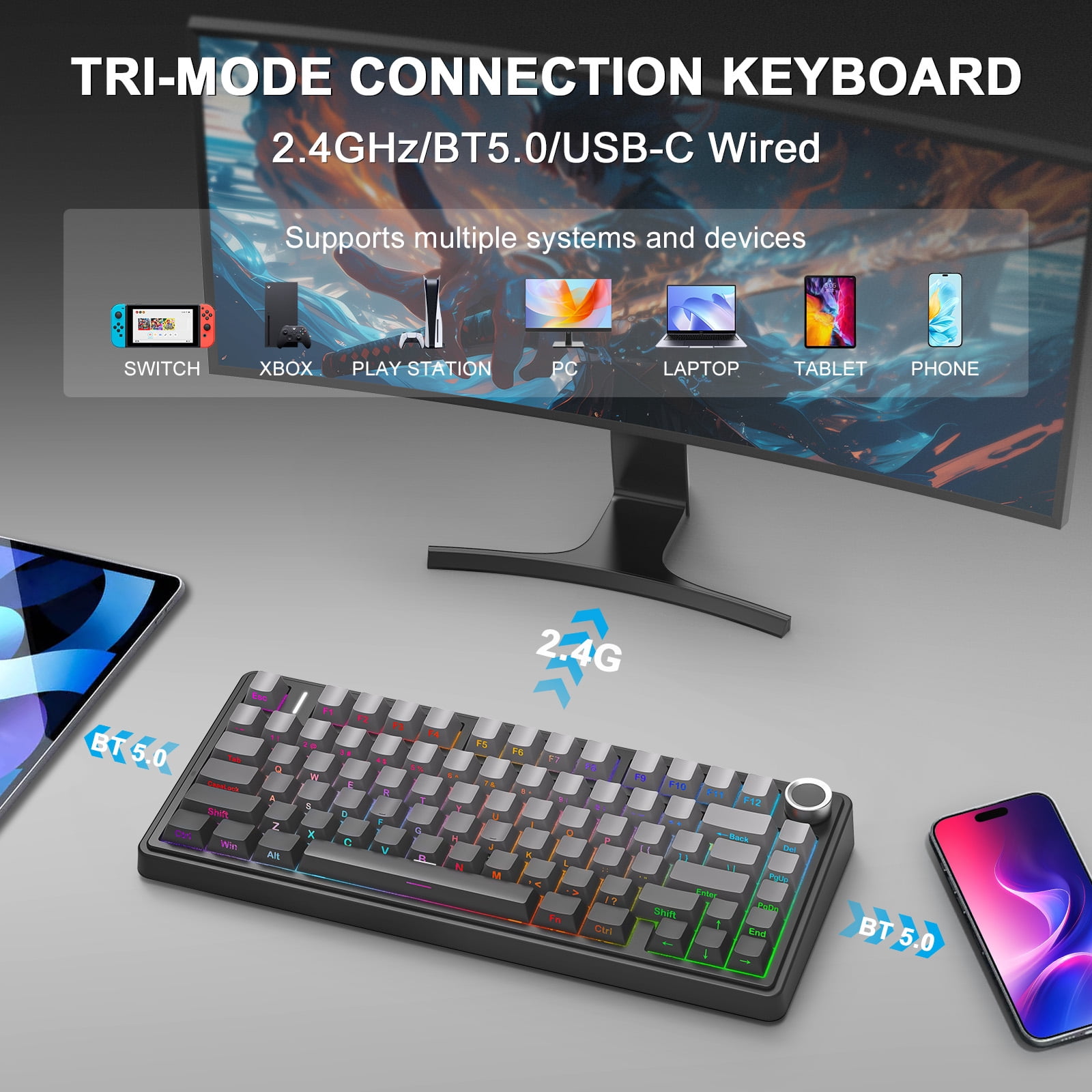 AULA F75 75% Wireless Mechanical Gaming Keyboard, Hot Swappable, RGB Backlit, BT5.0/2.4GHz/Type-C, Pre-lubed Reaper Switches