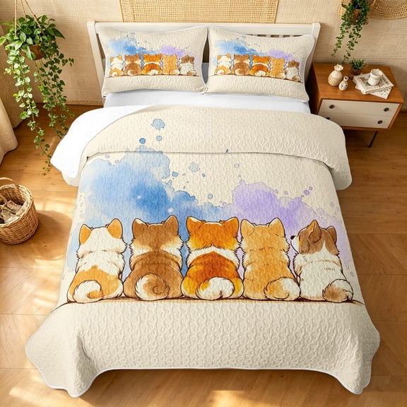 Manfei Watercolor Corgi Twin Quilt Set, Splash Ink Twin Coverlet Set, Cream Orange, 2-Piece, 1 Bedspread and 1 Pillowcase