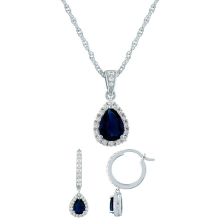 Brilliance Fine Jewelry Sterling Silver Plated Simulated Sapphire Drop Earrings and Pendant Set